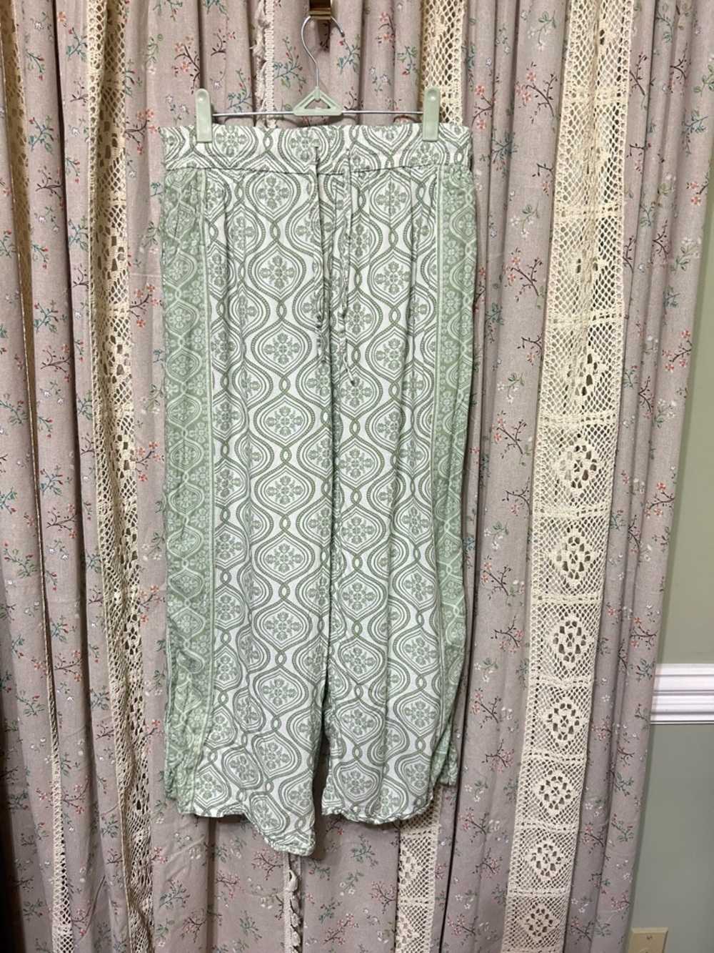 Marigold‎ by Victoria Dunn Green Block Print Lined Wide Leg Pants w/ Pockets L